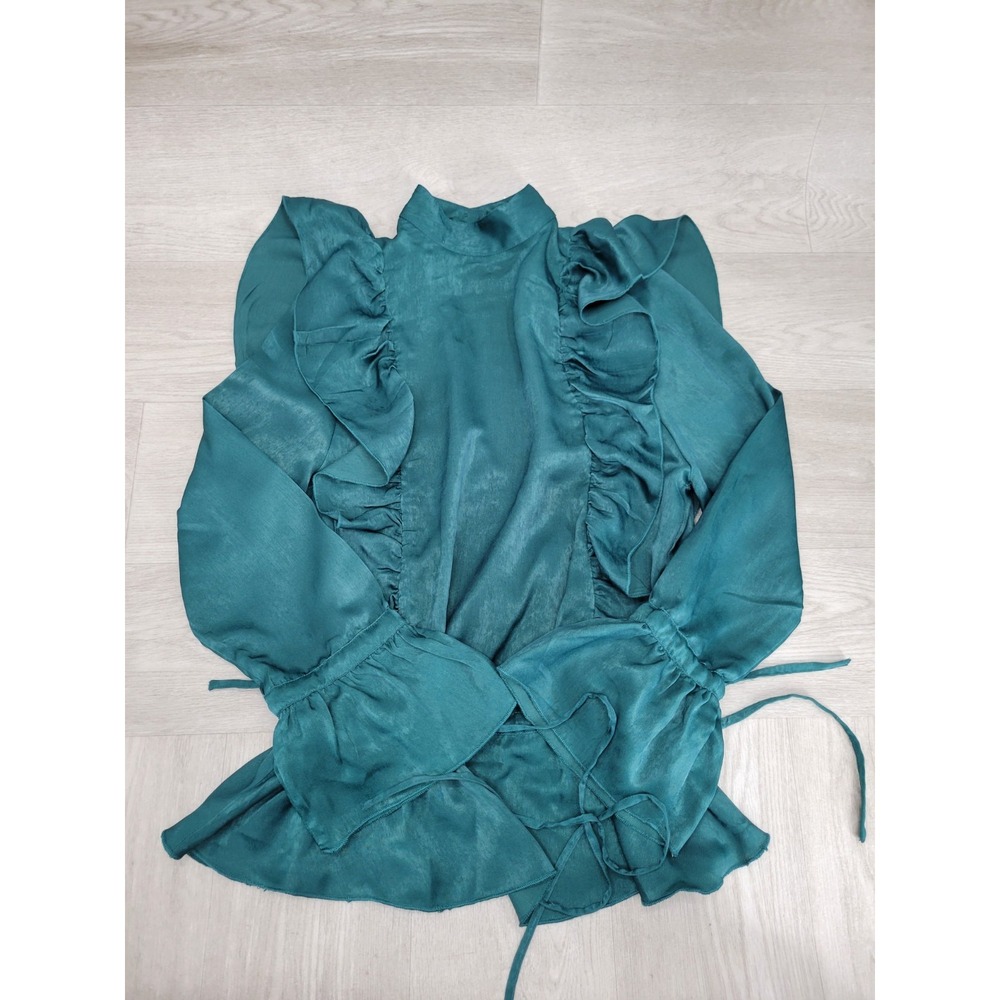 NWT ASOS Green Satin Ruffle Blouse Women's 0 Open Back High Neck Peplum Top